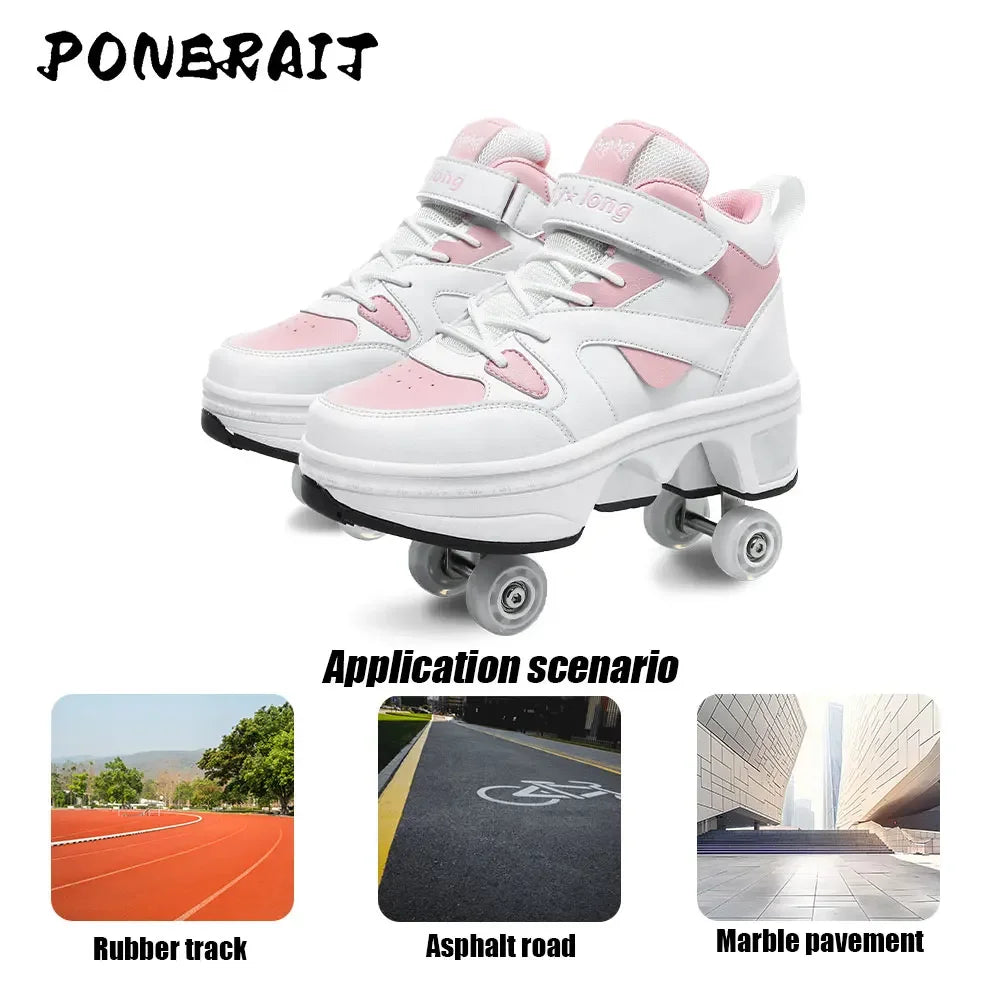 Women's High-Top 4-Wheel Roller Shoes – Fashionable Unisex Pop-Up Sneakers with Wheels, Dual-Purpose Skating & Casual Shoes