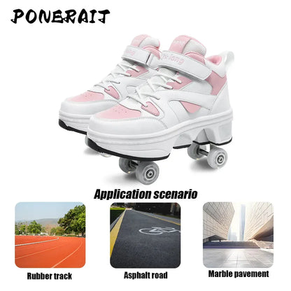 Women's High-Top 4-Wheel Roller Shoes – Fashionable Unisex Pop-Up Sneakers with Wheels, Dual-Purpose Skating & Casual Shoes