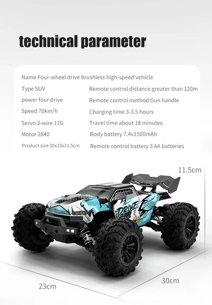 RC Off-Road 4x4 Brushless Car – 70KM/H High-Speed 1/16 4WD Monster Truck with LED Lights for Kids