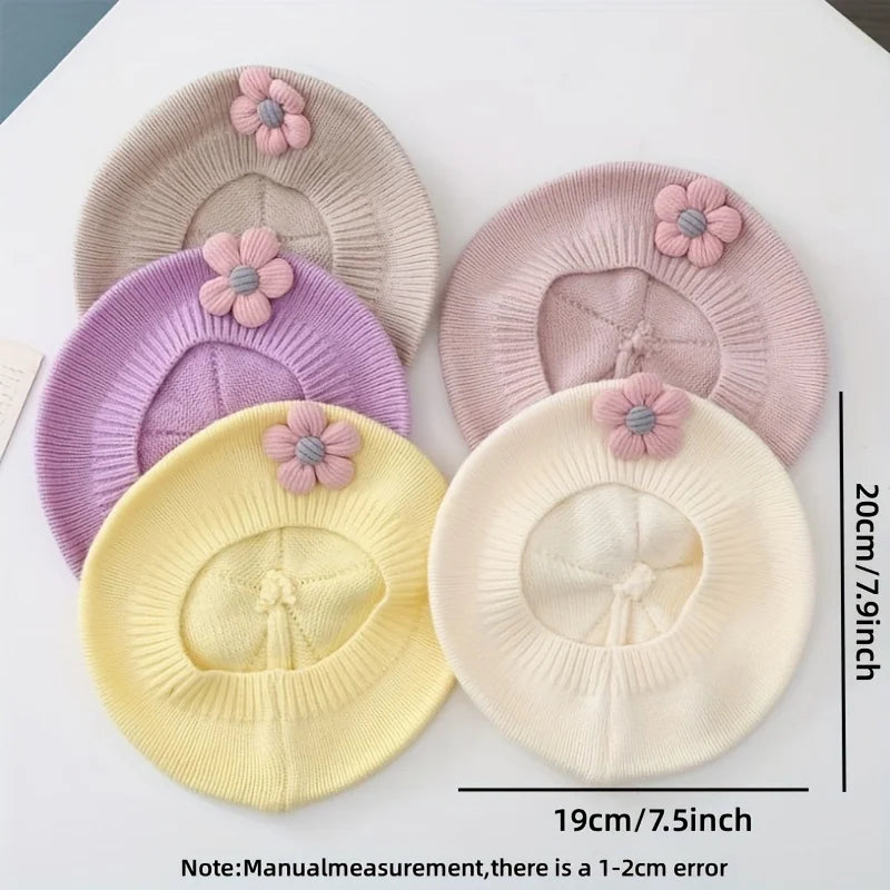 Flower Baby Beret Hat - Warm Knitted Winter Beanie Cap for Infant Girls & Toddlers
