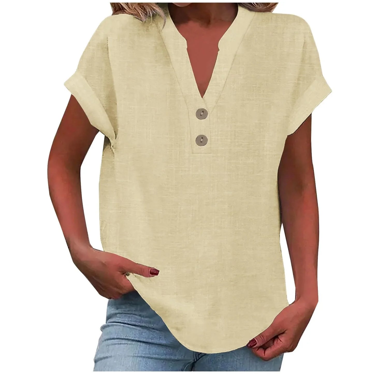 Women’s Cotton Linen Button-Down V-Neck Shirt – Breathable Solid Color Summer Office Casual Top 2025