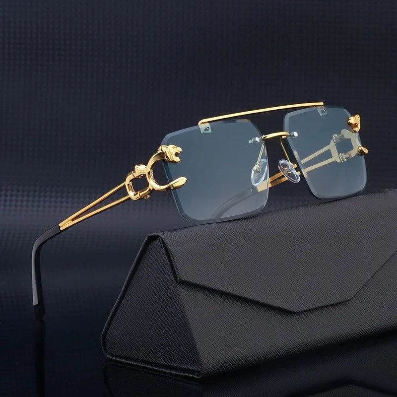 Metal Leopard Rimless Sunglasses: Gradient Ocean Film Shades with Double Bridges - Fashion UV400 Eyewear