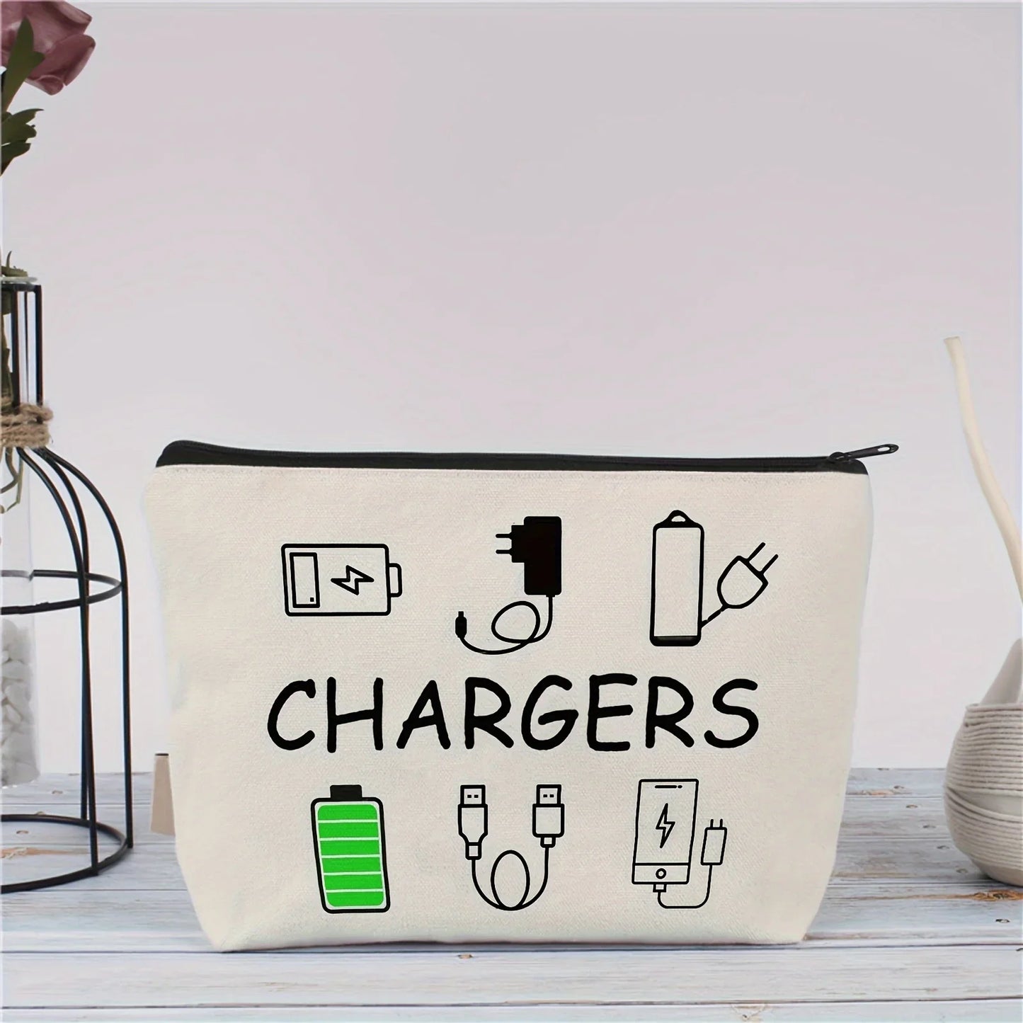 Canvas Travel Charger Storage Bag - Soft Electronic Accessories Organizer with Neutral Design