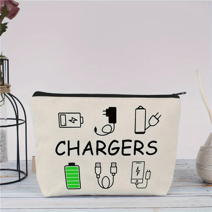 Canvas Travel Charger Storage Bag - Soft Electronic Accessories Organizer with Neutral Design