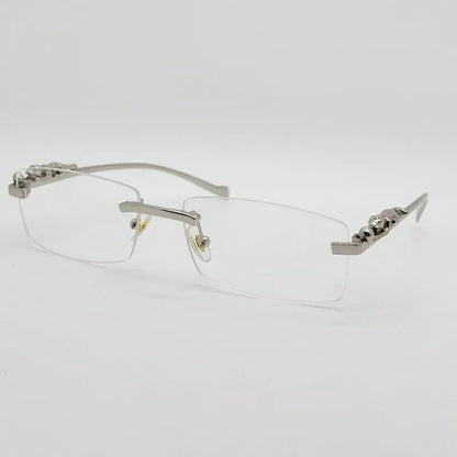 Rimless Fashion Eyeglasses Frames – Unisex Cheetah Detail Business Style Lightweight Designer Glasses for Women & Men
