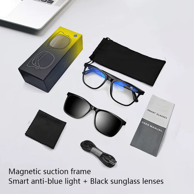 Hot GS05 2-in-1 Smart Glasses for Men – UV Protection, Polarized Anti-Blue Light Sunglasses with Music, Black Frame & White Lenses