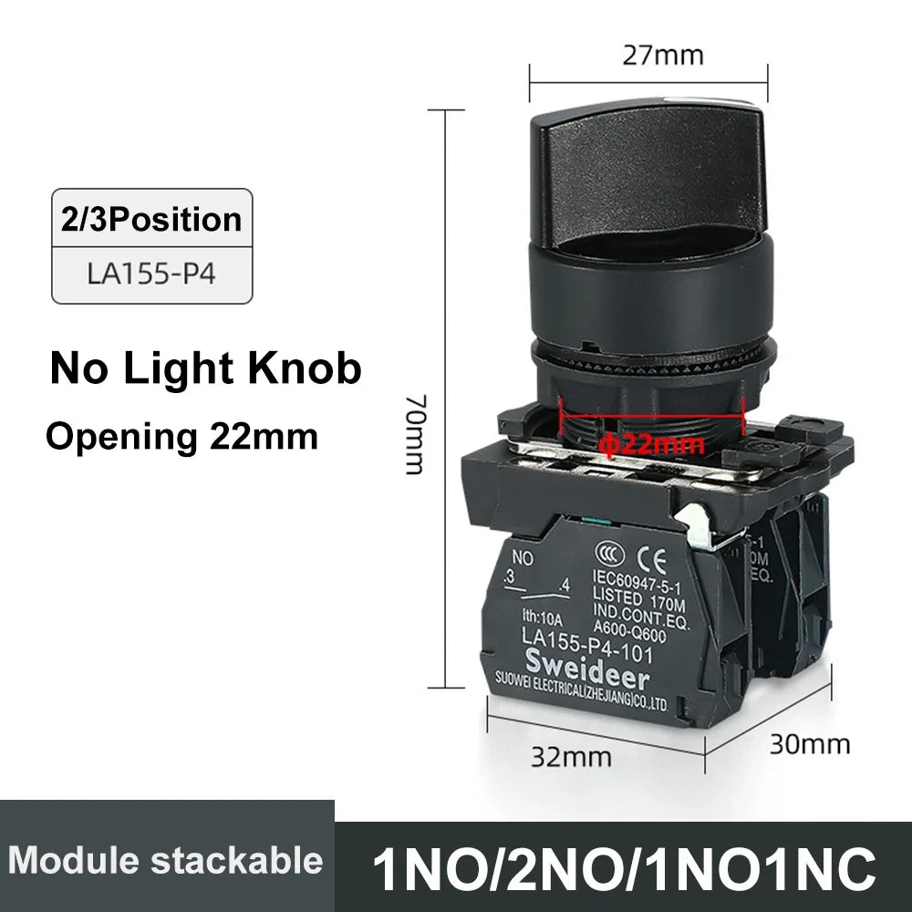 XB4 22mm LED Rotary Selector Switch – 1NO/2NO/1NO1NC Self-Locking 2/3 Position Control Knob 12V/24V/220V 10A Red Green Indicator