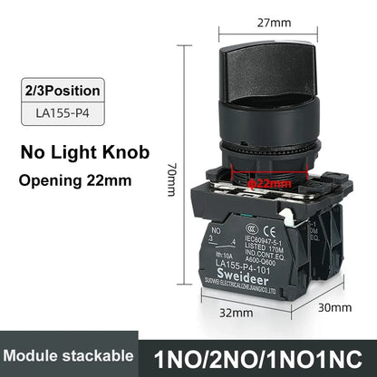 XB4 22mm LED Rotary Selector Switch – 1NO/2NO/1NO1NC Self-Locking 2/3 Position Control Knob 12V/24V/220V 10A Red Green Indicator
