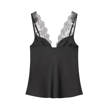 TFMLN Women’s Lace Splice Sleeveless Top – Deep V Neck Sexy Sling Elegant Chic Street Casual Fashion Outfit