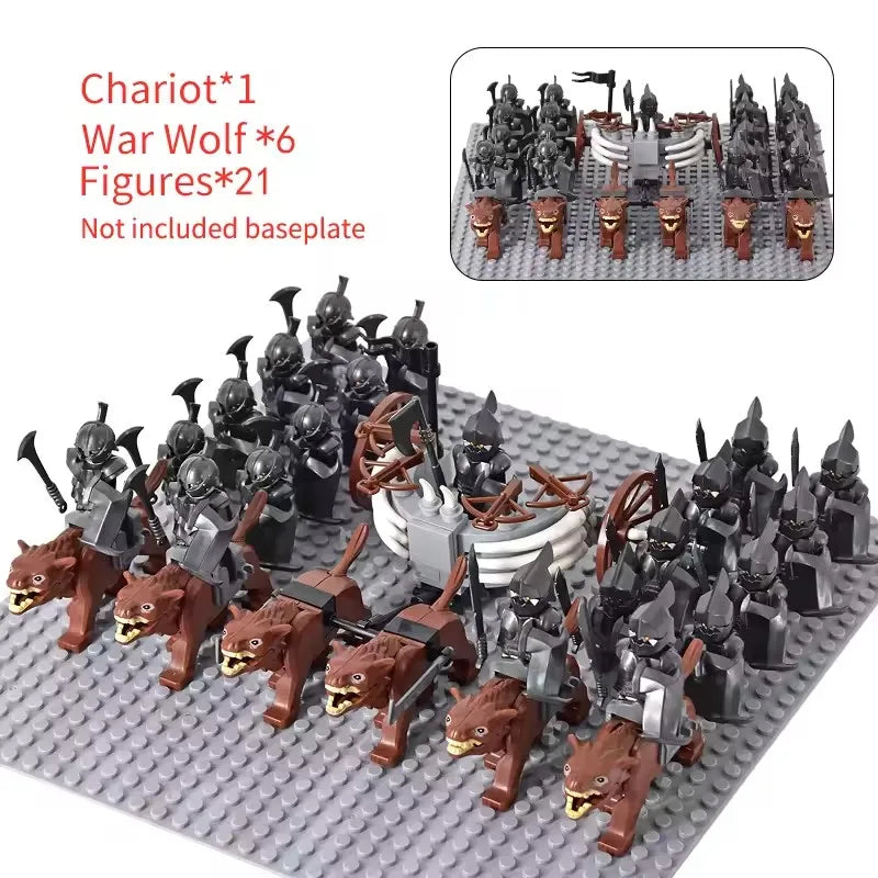 MOC Medieval LOTR Figures — Black Wolves & Mounted Chariots Action Dolls, Assembled Brick Building Blocks Toy
