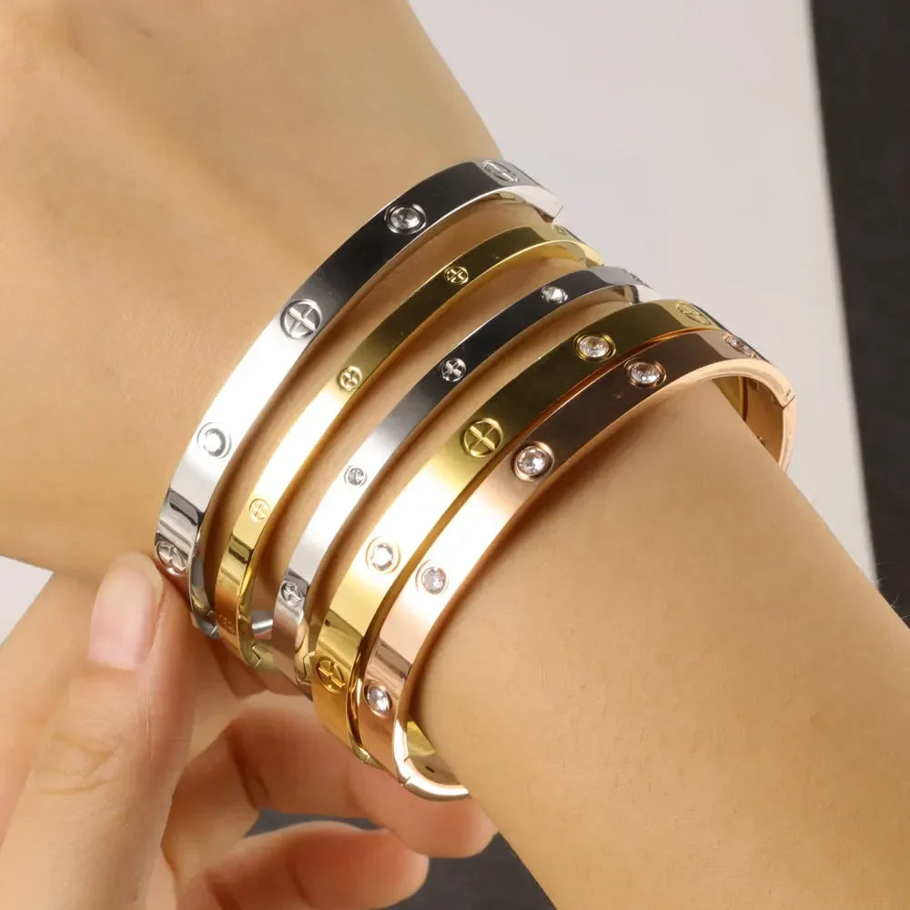 Stainless Steel Cuff Bracelet — Crystal Charm Bangle for Women, Fashion Jewelry