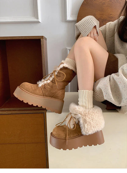 Women’s Winter Chunky Sole Fur Snow Boots – Cozy Height-Boosting Cotton Short Booties
