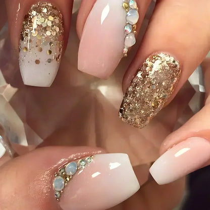 24PCS Short Square Coffin False Nails – French Glitter Acrylic Press-On Nail Tips with Glue, Wearable Fake Nails Set