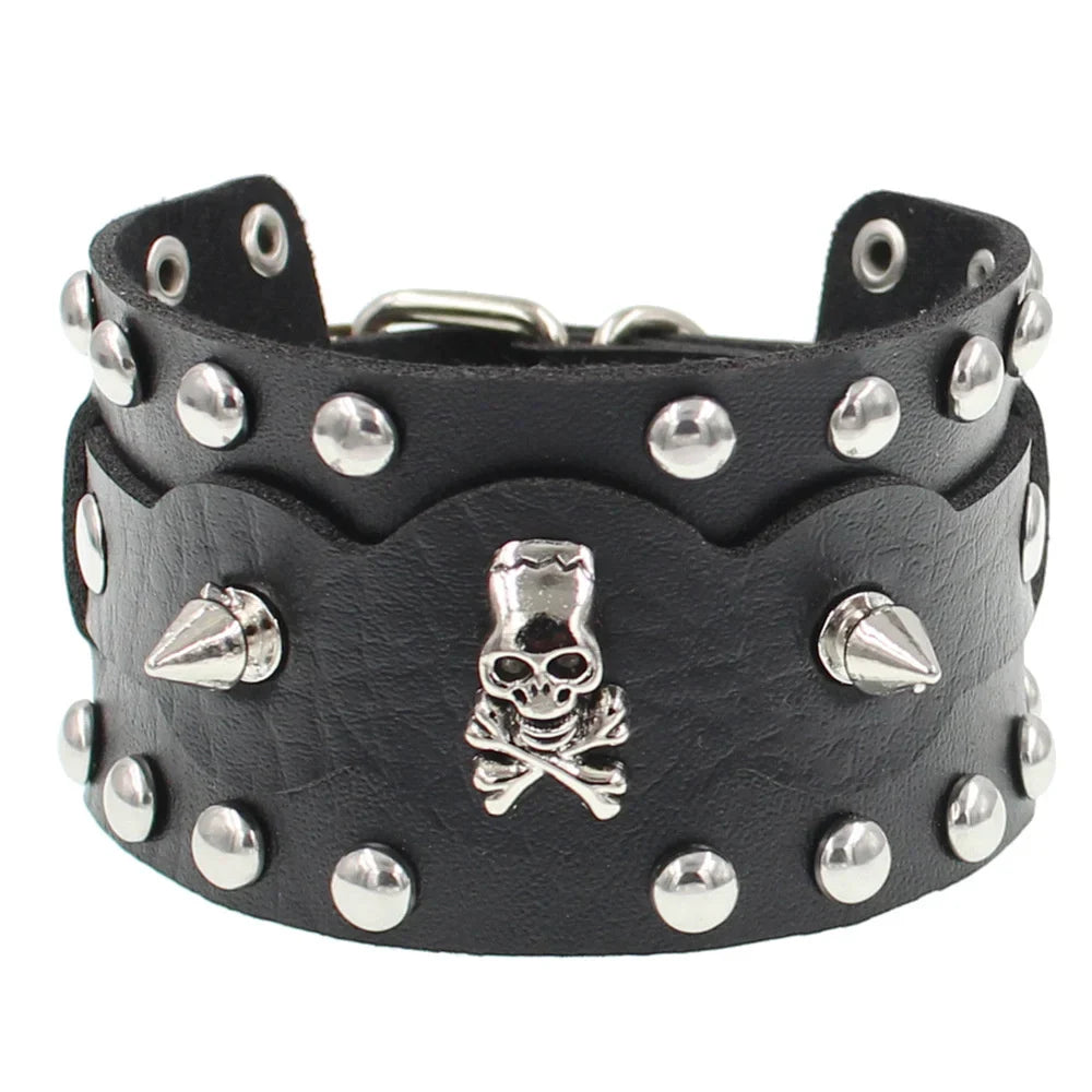 90s Punk Style Bracelet – PU Leather with 3 Rows of Spikes & Square Studs, Fashion Bangle for 2024