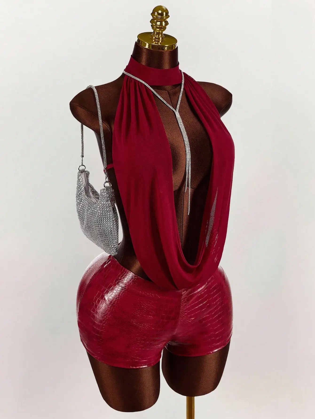 Women’s Mesh Halter Top Leather Jumpsuit - Solid Color Stylish Party & Club Outfit