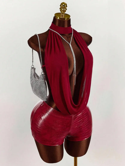 Women’s Mesh Halter Top Leather Jumpsuit - Solid Color Stylish Party & Club Outfit