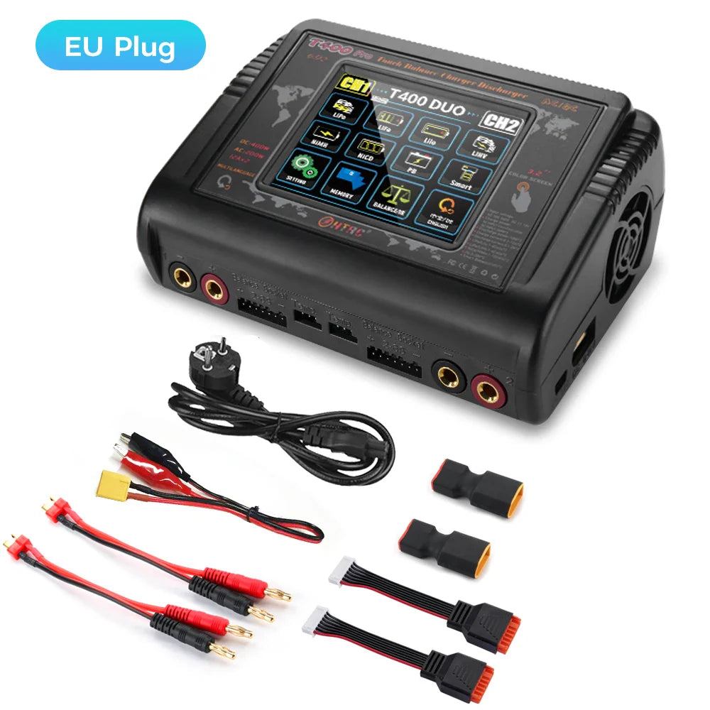 HTRC Smart Battery Charger DC 400W / AC 200W — 12A×2 Balance Charger & Discharger for LiHV, LiFe, Li-Ion, NiCd, NiMH, Pb, LiPo RC Batteries