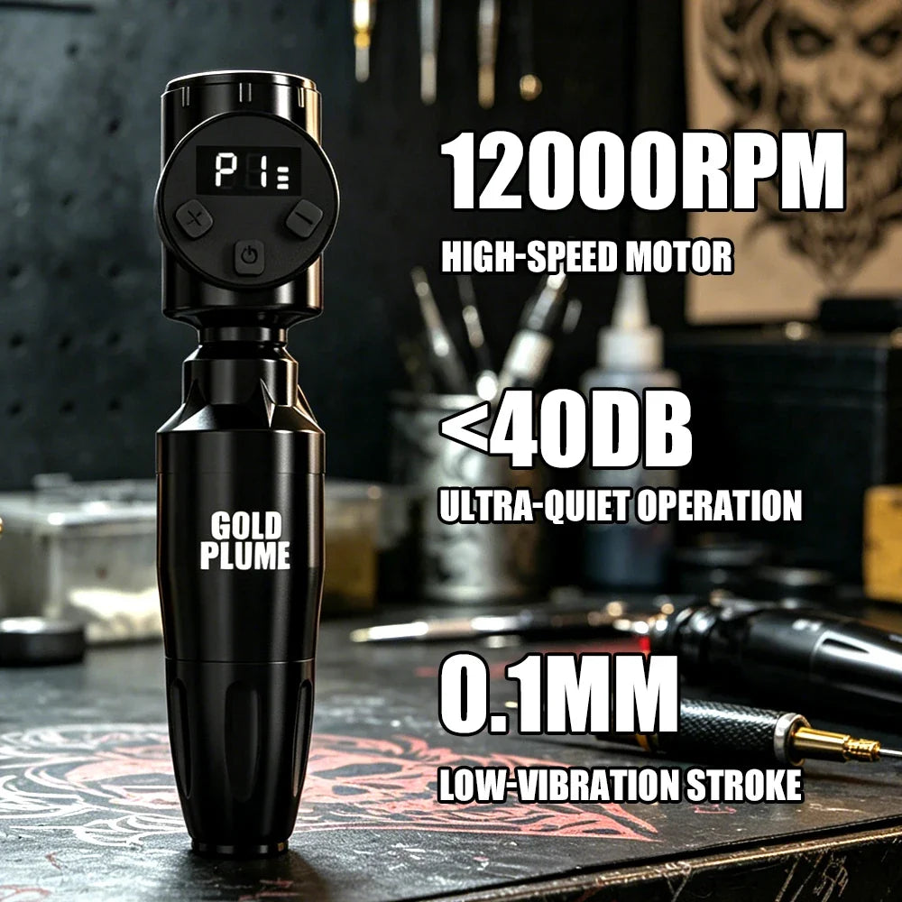 GOLDPLUME Wireless Tattoo Machine Kit - Black Rotary Pen with 10 Cartridges and Full Accessories for Artists