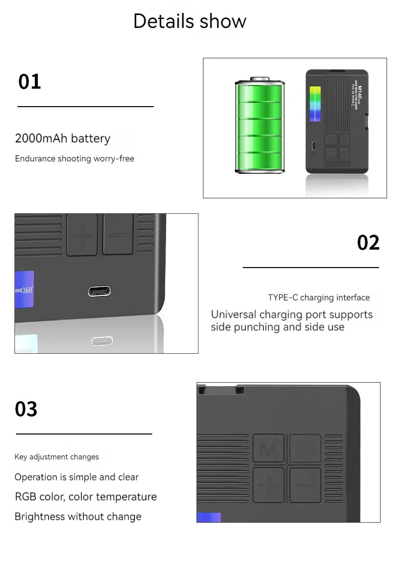 Mini Rechargeable M140 RGB Camera Fill Light - Portable LED Selfie & Live Broadcast Light for Mobile Photography