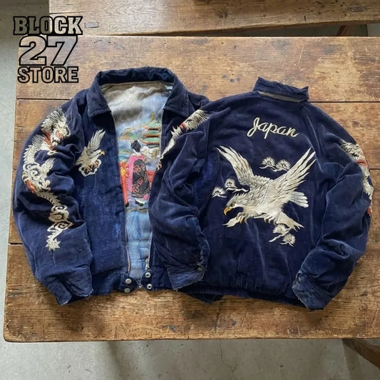 Men's Japanese Dragon Eagle Embroidery Jacket - Vintage Corduroy Baseball Coat Streetwear