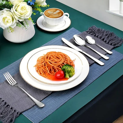 24-Piece Stainless Steel Black Flatware Set — Elegant Knife, Fork & Spoon Cutlery with Mirror Polish, Gold Accents, Dishwasher Safe