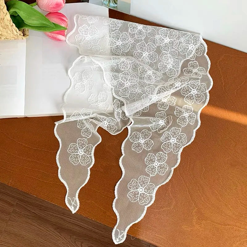 White Woven Floral Lace Hair Scarf Wrap – Retro Triangle Headscarf, Travel & Photo Hat, Hair Accessories for Women