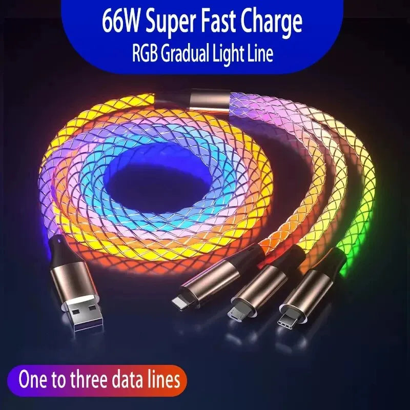 6A RGB 3-in-1 Fast Charging Cable – Colorful Breathing Light USB Data Cord for Car & Universal Use