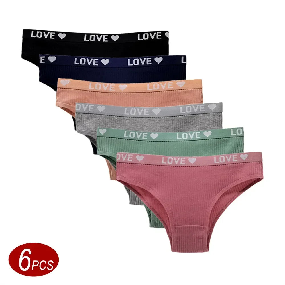 6PCS Women’s LOVE Ribbed Cotton Panties - Comfortable Low Waist Brief Underwear Set for Everyday Wear