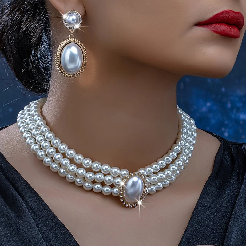 Imitation Pearl Necklace & Pendant Earrings Set - Elegant Women's Jewelry