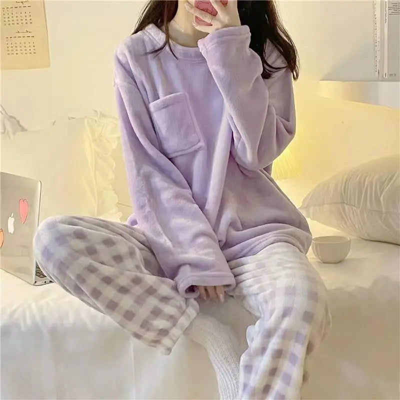 Sanrio Anime Flannel Pajamas - Cinnamoroll, Kuromi, My Melody Coral Velvet Pullover - Winter Warm Homewear for Girls