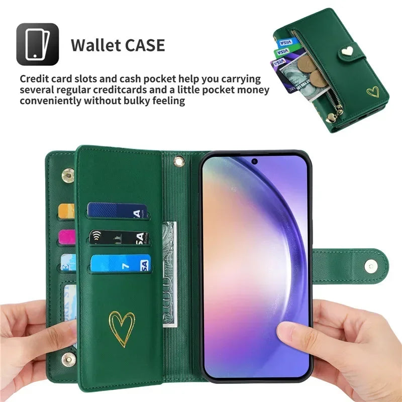 Leather Lanyard Wallet Phone Case for Samsung Galaxy - Zipper Card Holder Flip Cover