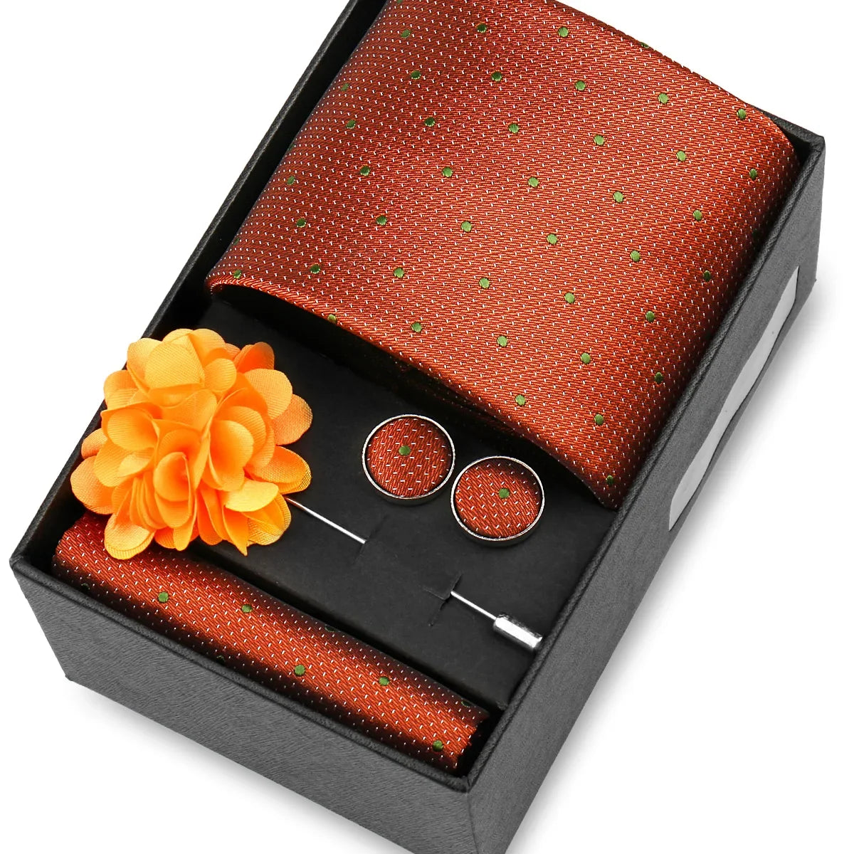 Elegant Men’s Necktie Gift Set - Fashion Tie with Handkerchief, Cufflinks & Brooch Pin Accessories for Business & Wedding