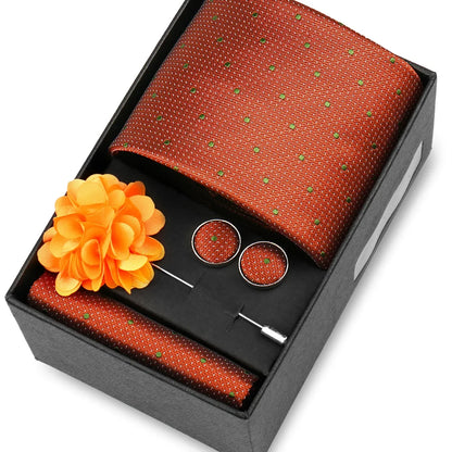 Elegant Men’s Necktie Gift Set - Fashion Tie with Handkerchief, Cufflinks & Brooch Pin Accessories for Business & Wedding