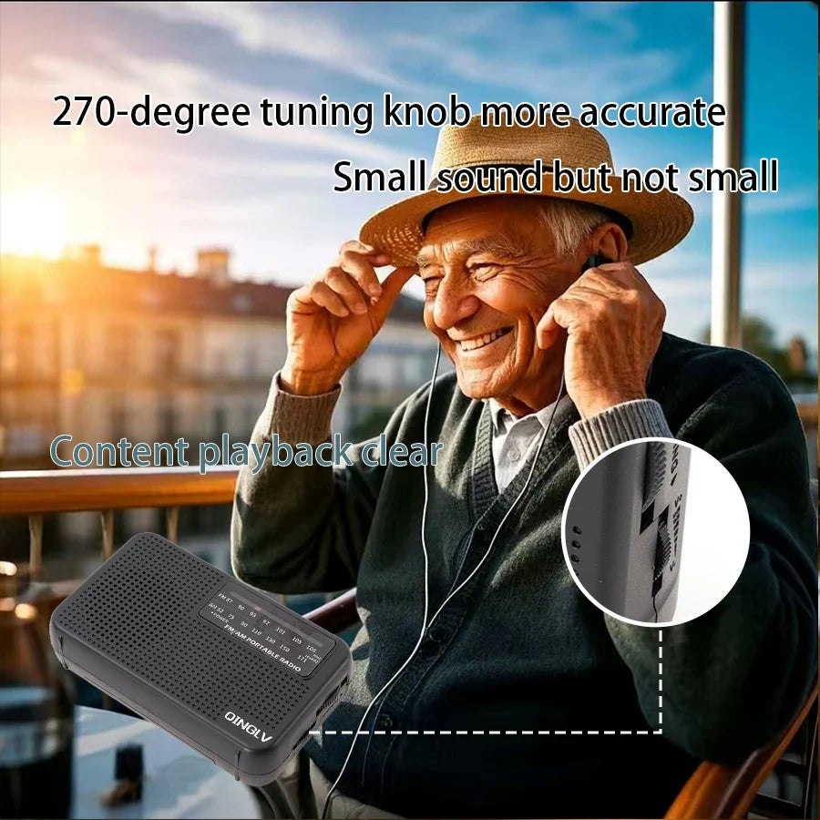 Mini FM/AM Two-Band Radio — 1W Loud Speaker with 3.5mm Headphone Jack & 180° High-Performance Antenna for Home Use