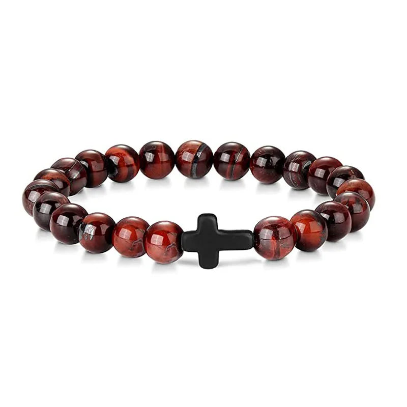 Natural Stone & Wood Bead Rosary Bracelet - Hematite Cross Meditation & Yoga Jewelry for Men & Women