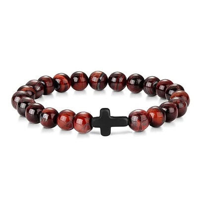 Natural Stone & Wood Bead Rosary Bracelet - Hematite Cross Meditation & Yoga Jewelry for Men & Women