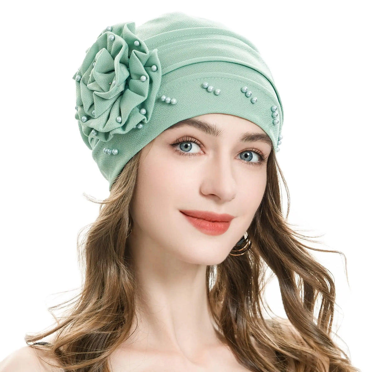 2024 Pearl Embellished Muslim Turban Beanie for Women – Elastic Hijab Headwrap with Flower Chemo Cap