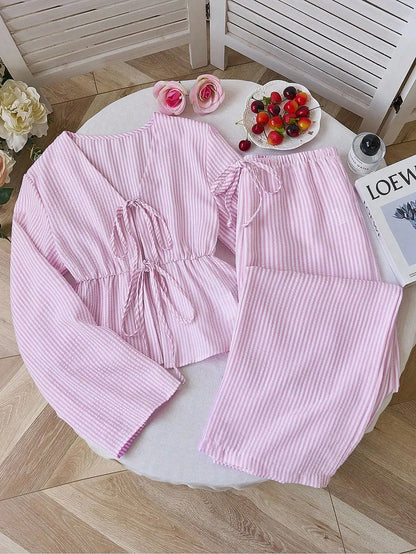 Striped Lace-Up Women’s 2-Piece Matching Set – Casual Office Commuting Outfit, Simple All-Match Two-Piece Set