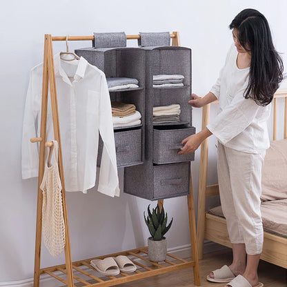 Cotton Linen Hanging Storage Bag with Drawers — Collapsible Wardrobe Organizer Box and Clothes Holder Shelves