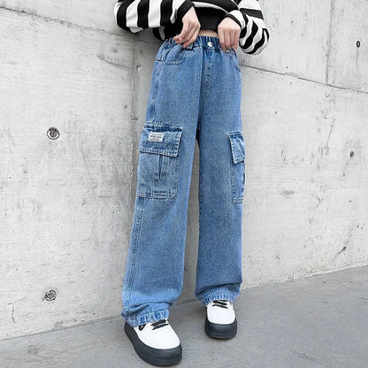 New 2024 Teenage Girls’ Blue Street Cartoon Jeans – Elastic Mid-Waist Loose Wide-Leg Denim Pants for Spring Fashion