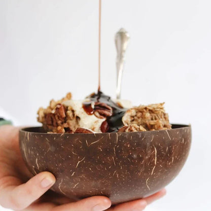 Natural Coconut Bowl with Wooden Spoon – 12–15cm Handmade Tableware for Salad, Dessert, Rice & Ramen