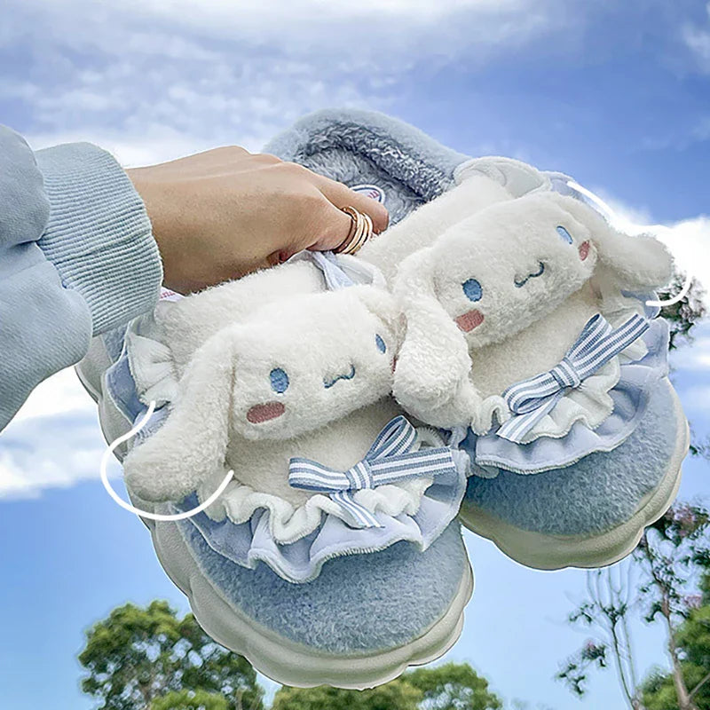 Sanrio Hello Kitty Fuzzy Slipper - Cartoon Kuromi, Cinnamoroll, Yk2 Winter Plush Non-Slip Slippers for Women and Girls, Cute Flat Shoes for Home
