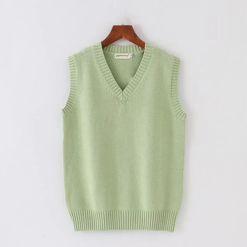 Unisex Sleeveless Sweater Vest – V-Neck Preppy Knitted Jumper for Women & Men, Retro Spring Fashion