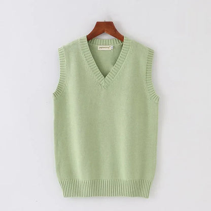 Unisex Sleeveless Sweater Vest – V-Neck Preppy Knitted Jumper for Women & Men, Retro Spring Fashion