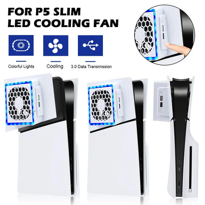 NEW Side-Mounted Cooling Fan for PS5 Slim – LED Light & 2 USB Ports Game Console Cooler Accessory