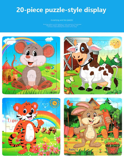 20-Piece Wooden Puzzle Set — Cartoon Animals, Cars, Letters & Numbers Educational Jigsaw Toys for Kids