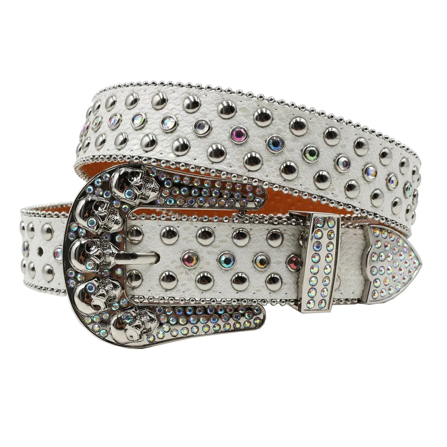 Women’s Rhinestone Skull Leather Belt – Luxury Designer Studded Strap for Jeans, White & Black