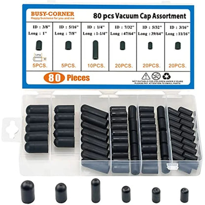 80PCS Black Vacuum Dust Cap Set - Rubber Carburetor Hose Covers for Automotive Vacuum Line Protection