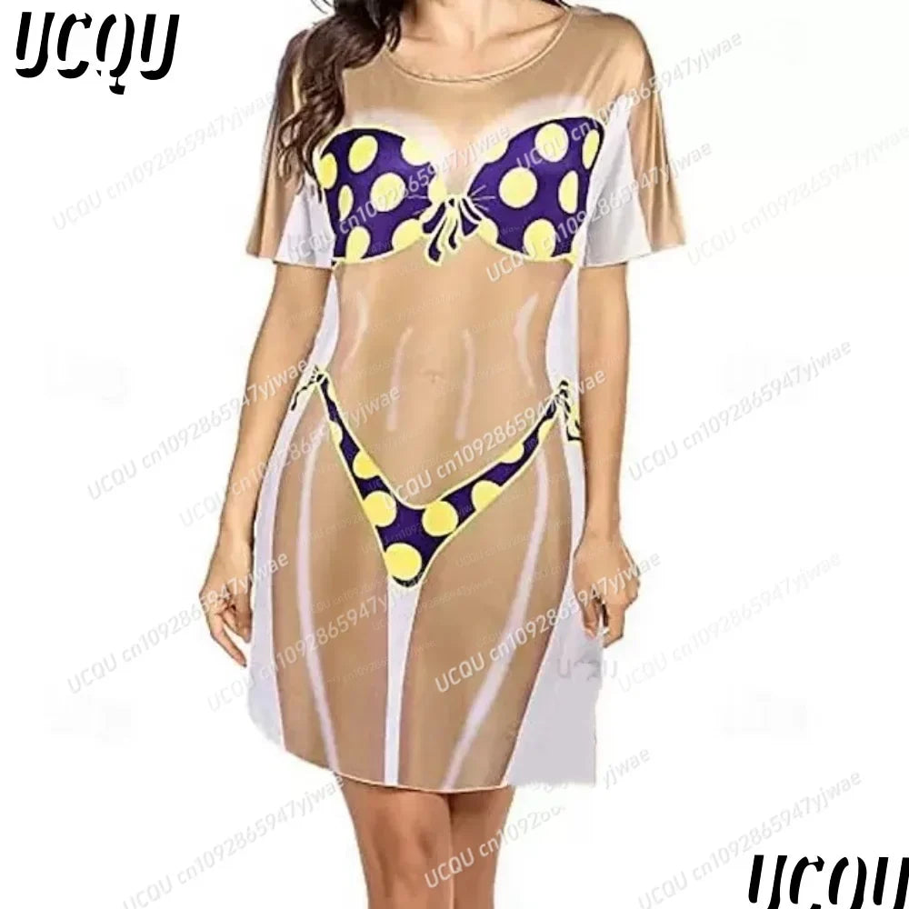 Women's 3D Bikini Print T-Shirt Dress - Casual Short Sleeve Summer Sleep & Home Dress