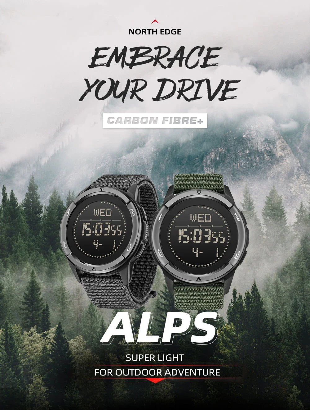 NORTH EDGE ALPS Men's Digital Carbon Fiber Watch Shockproof Military Sports Waterproof 50M Outdoor Compass Wristwatch